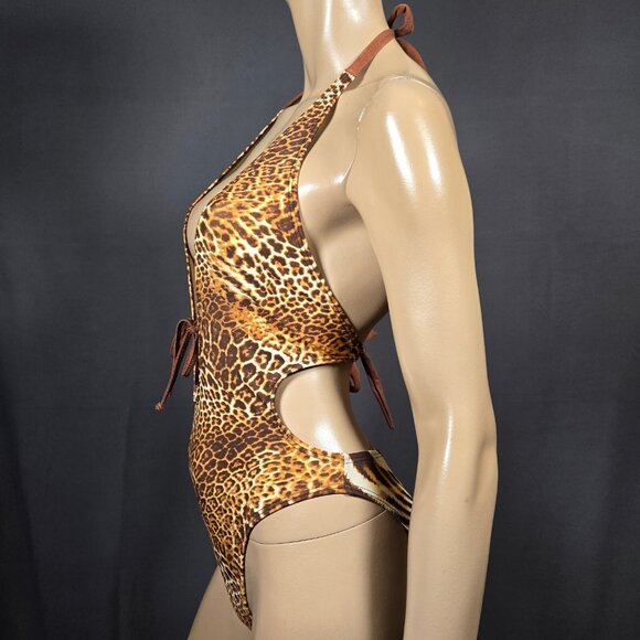 Y2K One Piece high Cut Leopard Print Swimsuit Womens Size S Deep V Lace Up - Picture 4 of 11